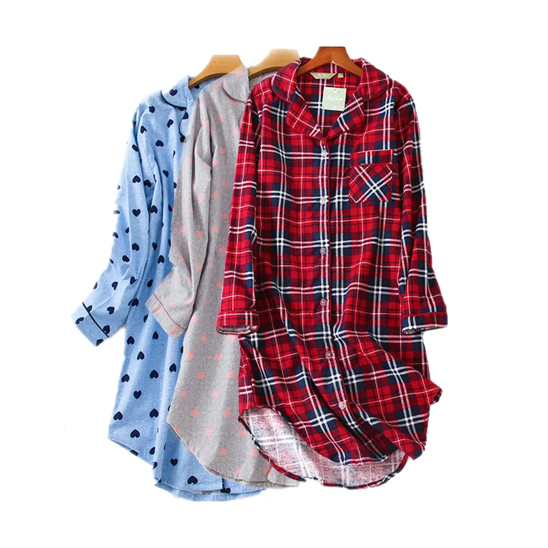 

2020 Осенняя клетчатая ночная рубашка женская ночная рубашка с отложным воротником Женская хлопковая Ночная рубашка клетчатая Домашняя одеж...