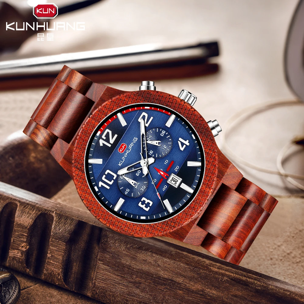 

KUNHUANG Retro Black Ebony Watch Chronograph Military Quartz Adjustable Clock Male Montre Homme Top Luxury Men Calendar Watches