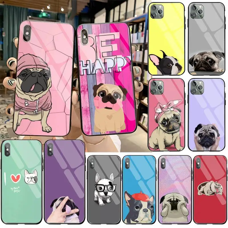 Силиконовый черный чехол для телефона Pug с французским бульдогом закаленное
