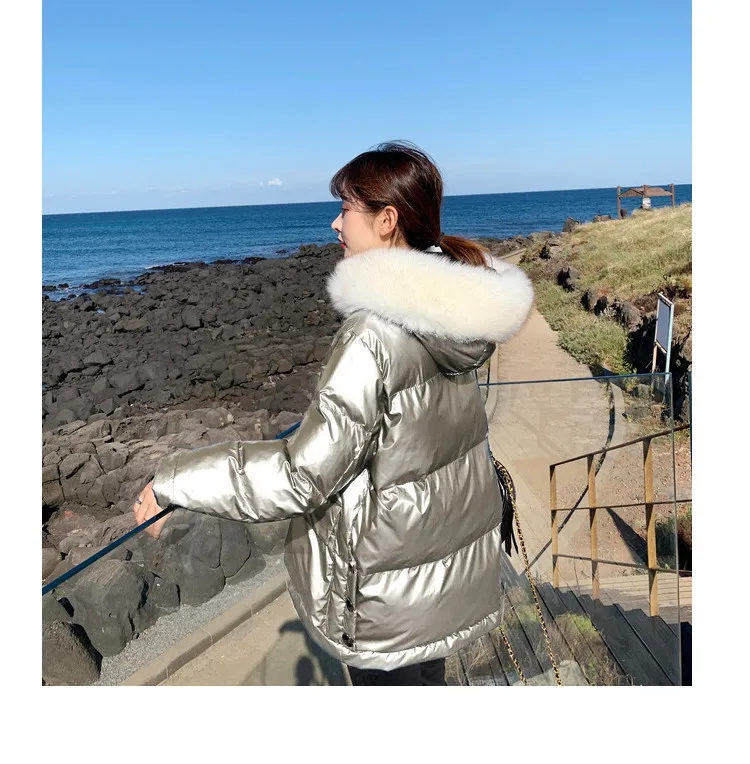 

Woman Parkas 2020 Winter New Big Fur Collar Bright Cotton Padded Coat Thicken Warm Plus Size Korean Female Jacket Outerwear