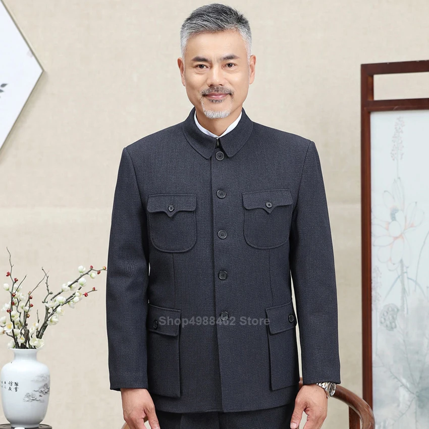 

Traditional Chinese Tang Suit for Men Jacket Coat New Year Spring Festival Tunic Zhongshan Mao Suit Blazer Knitting Pockets Top