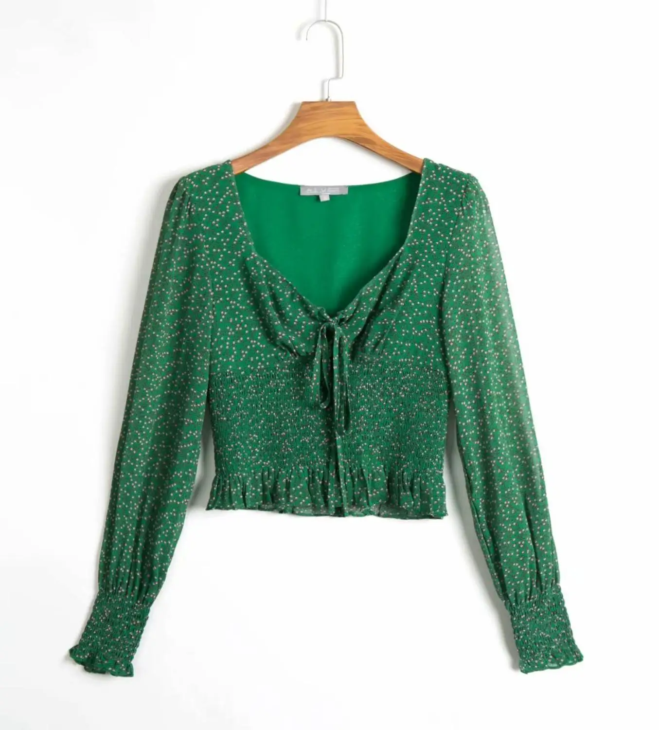 N317 green 1209 Bazaleas шикарный зеленый цветочный принт blusas mujer de moda эластичная талия оборки блузка женская мода укороченный топ дропшиппинг - Цвет: N317 green 1209