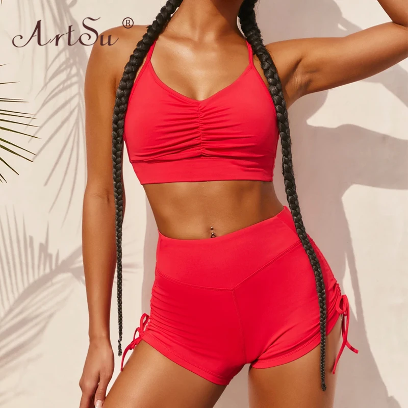 

ArtSu 2020 Summer 2 Piece Set Sexy Women Ruched Halter Crop Top And Drawstring Biker Shorts Elastic Activewear Tracksuit Outfit