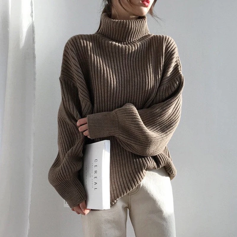 

Vintage Thicken Striped Women Sweaters Autumn Winter Turtleneck Pullovers Jumpers Female Korean Knitted Tops