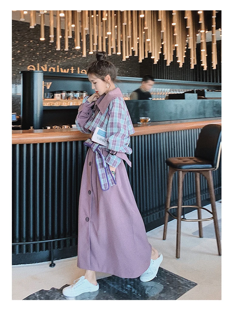 

Windbreaker for Women Vintage Chic Splice Plaid Long Bandage High Waist Trench Coat Jacket Female Elegant Plus Size Overcoat