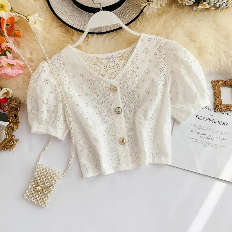 Women Sexy Hollow Out Crop Tops New 2020 Summer Sweet Puff Sleeve V Neck Short Blouse Ladies Lace Gold Button White Shirts | Женская
