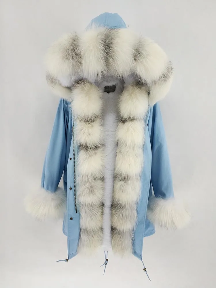 white blue 20 Новая Длинная зимняя куртка женская верхняя одежда толстые парки натуральный Лисий Мех меховой воротник пальто с подкладкой с капюшоном камуфляж Pelliccia - Цвет: white blue 20