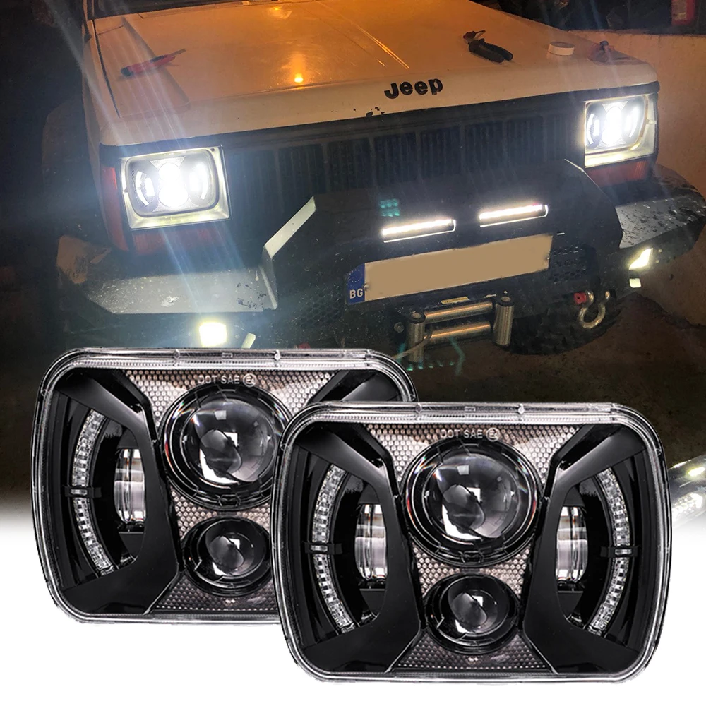 

7X6" 5X7" LED Headlight Halo DRL For 86-95 Jeep Wrangler YJ 84-01 Cherokee XJ Angel Eyes DRL H4 LED Square Headlights