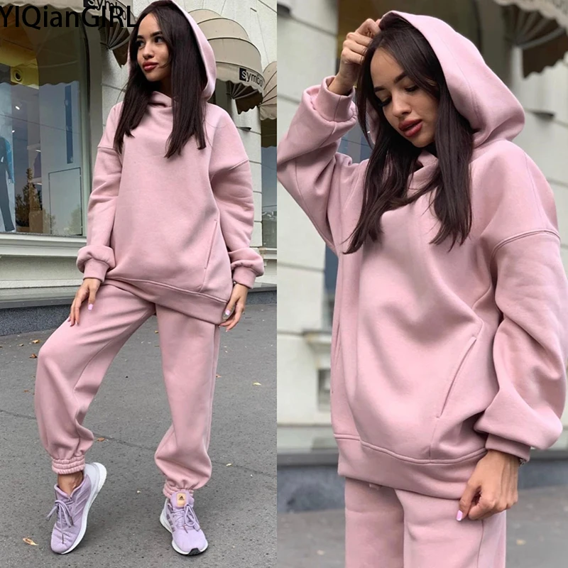 

Women's Elegant Solid Set For Women's Warm Hooded Sweatshirt And Trousers Fashion Two-Piece Ladies Fashion Hooded Sweater