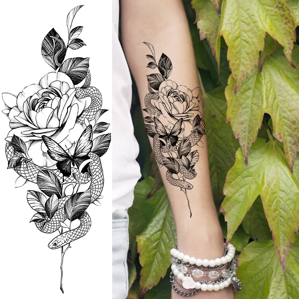 Черная роза цветок змея временные татуировки для женщин взрослые пионы