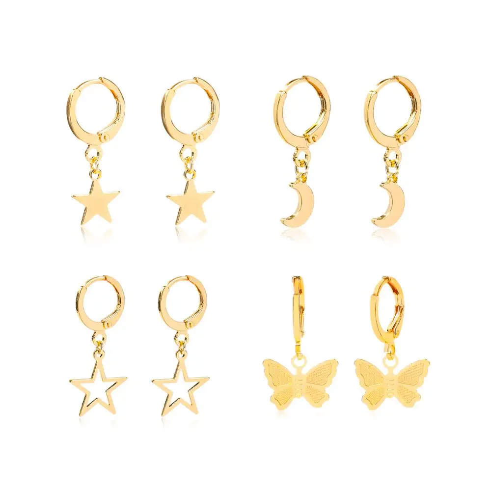 

4Pair/Lot Moon Star Butterfly Pendant Hoop Earrings For Women Round Level Hooks Female Girls Party Gift Charms Earrings Jewelry