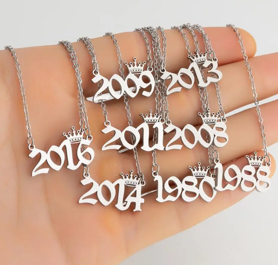 Stainless Steel Year Number Necklaces Tiaras Crown Year 1980 2008 2009 2013 Choker Bijoux Cute Birth Collar Mujer Christmas Gift