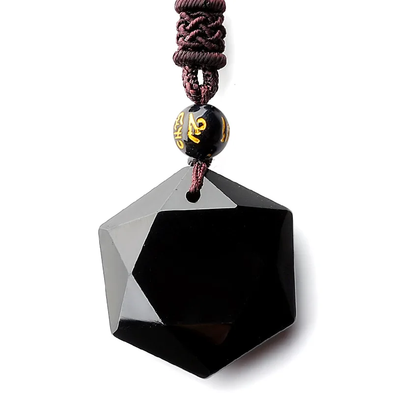 

Jewelry Black Obsidian Six Awn Star Pendant Necklace Hand-Carved Chinese Fashion Accessories Charm Amulet for Men Women Gifts