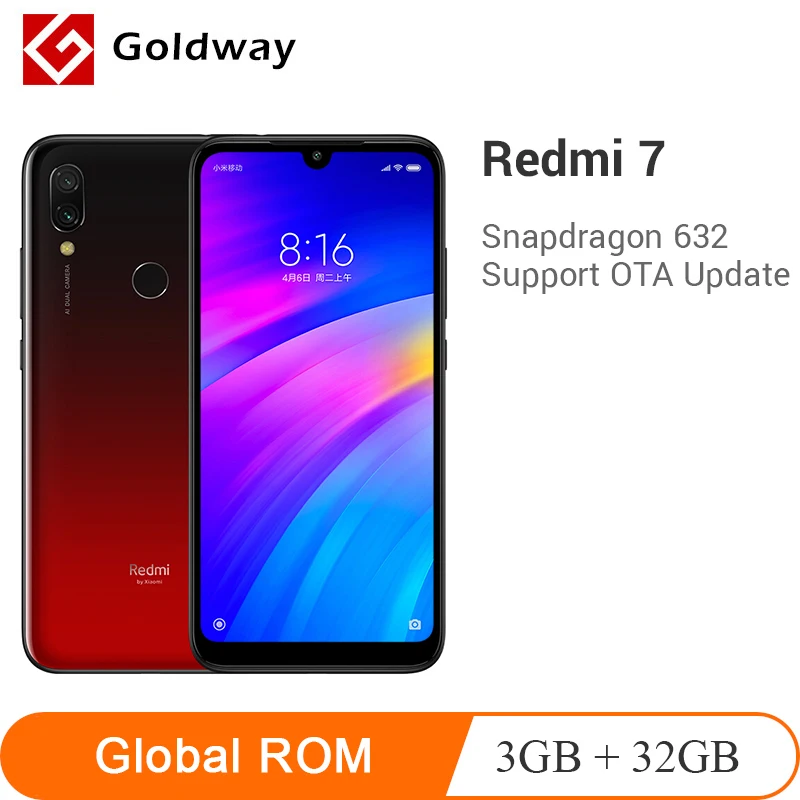 Глобальный Встроенная память Xiaomi Redmi 7, 3 Гб оперативной памяти, 32 Гб встроенной памяти, мобильный телефон Snapdragon 632 Octa Core 6,26 дюйма, разрешение Full Экран 12MP Камера 4000 мА/ч, Батарея