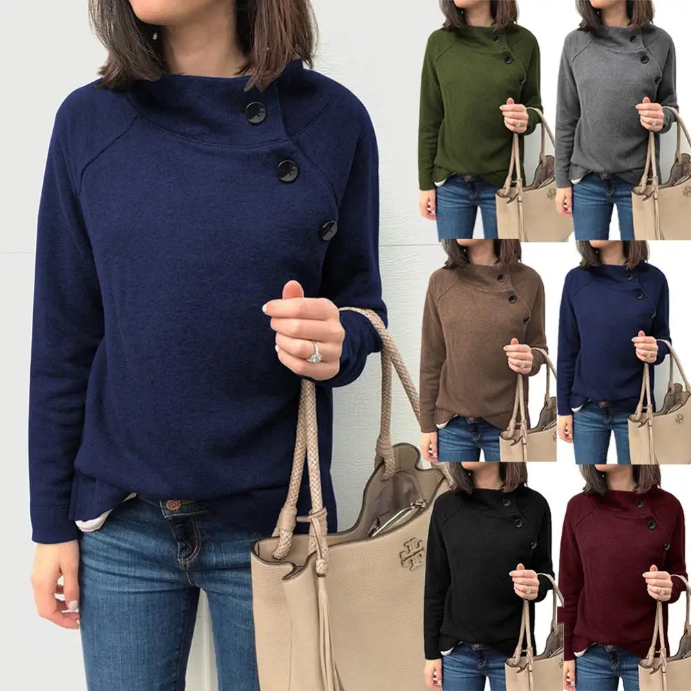 

Spot hot sale 2020 autumn and winter fashion round collar solid casual street button long - sleeved women's clothing