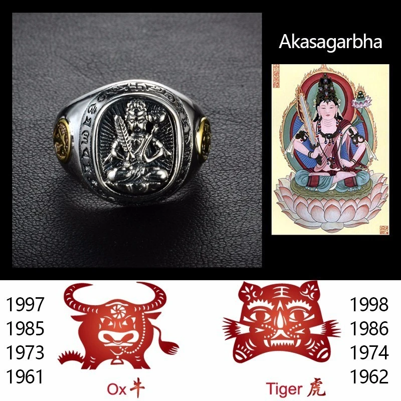 ZABRA Buddha Real 925 Silver Rings For Women Men Chinese Zodiac Patron Saint Vintage Mens Signet Ring Adjustable Biker Jewelry - Цвет камня: Akasagarbha