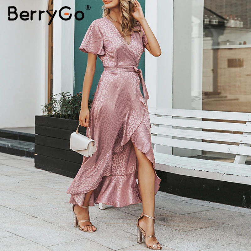 BerryGo, женское платье, сексуальное, на шнуровке, Леопардовый принт, бохо, длинное платье, летнее, Vneck, короткий рукав, в горошек, размера плюс, платье с разрезом