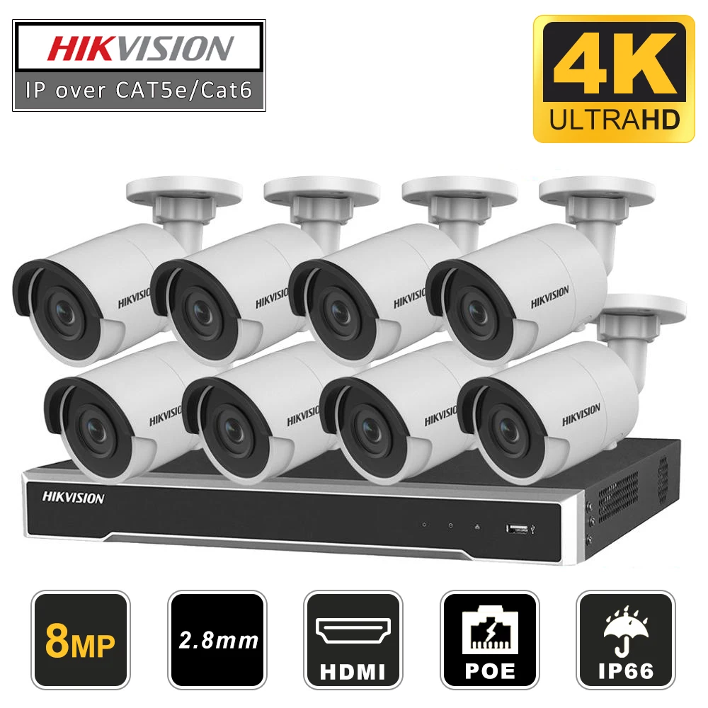 Hikvision 8CH HD Сеть POE NVR комплект CCTV система безопасности 8 шт. 8MP пуля наружная IP камера