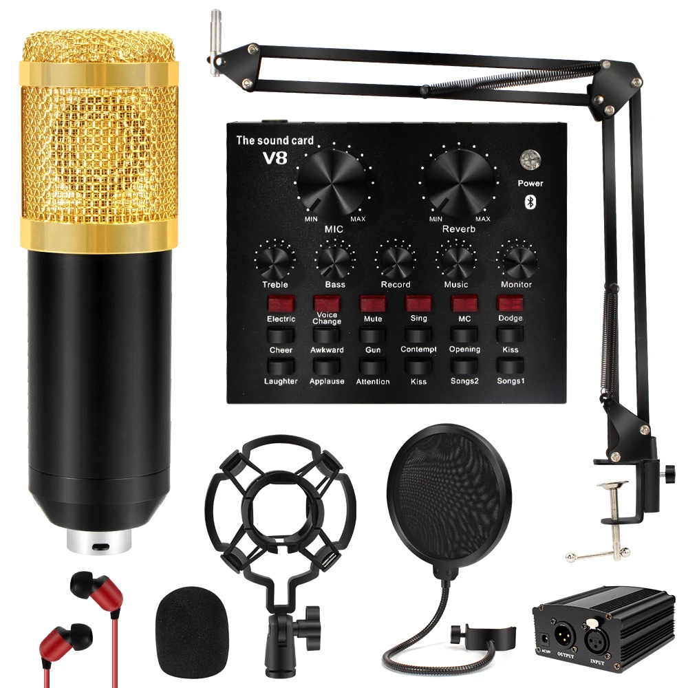 

BM-800 Condenser Microphone with Suspension Scissor Arm Cardioid Microphone with V8 Sound Card for YouTube Recording Singing