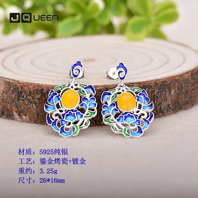 Модные серьги эмалированные синие в этническом стиле серебряные серьги-гвоздики
