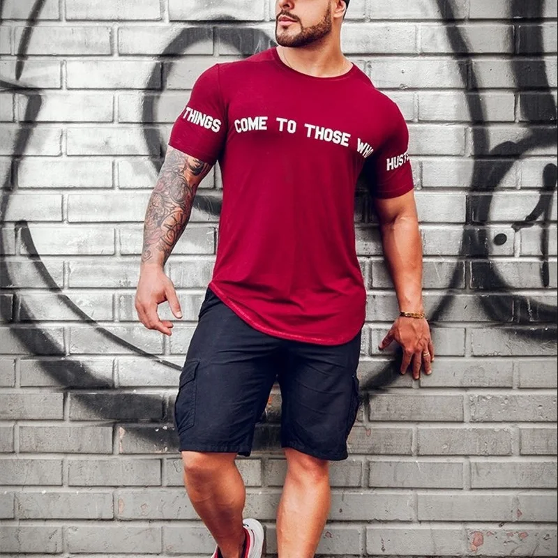 Мужская хлопковая футболка для бега фитнеса бодибилдинга короткий рукав