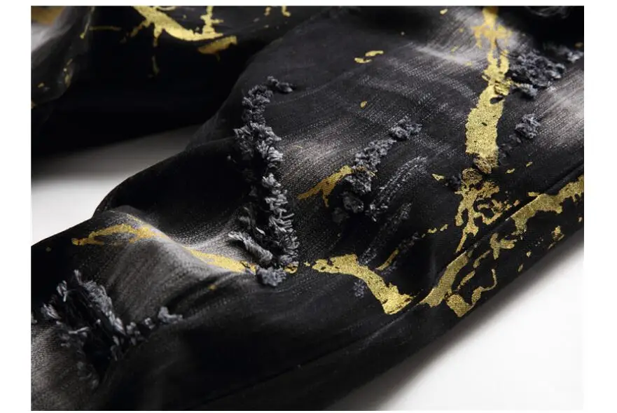 Autumn winter new ragged jeans men's штаны slim washed Джинсы pants black paint spray tight-fitting stretch trousers