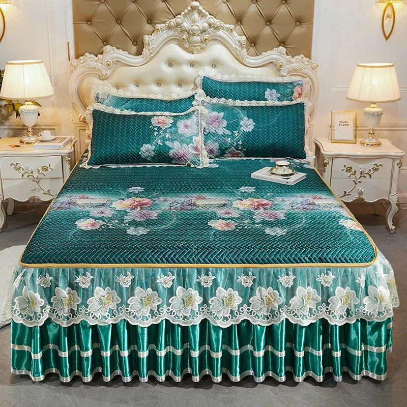 

Lace Flower Luxury Bed Cover King Size Quilted Bedspreads for Double Bed 150 Queen Cool Fiber Ruffle Bedskirt Fitted 3pcs