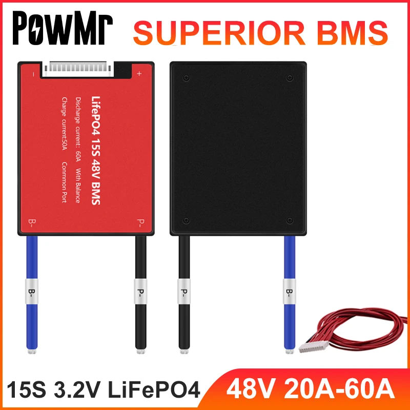 

PowMr 3.2V LiFePo4 15S 48V 20A 30A 40A 50A 60A 18650 PCM Battery Protection Board BMS PCB With Balanced Lithium Baterry Module