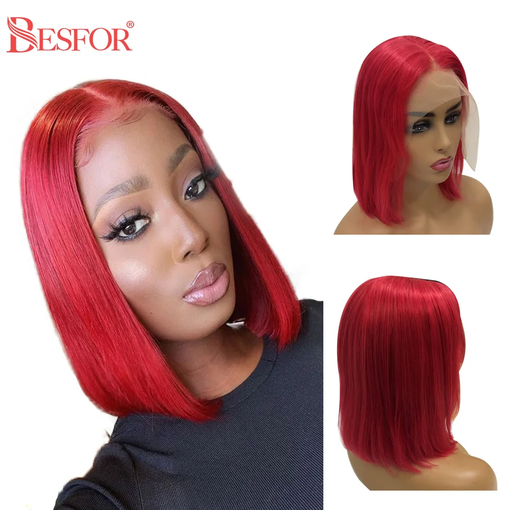 BESFOR Red короткий Боб 13x4 кружевные передние парики человеческие волосы отбеленные