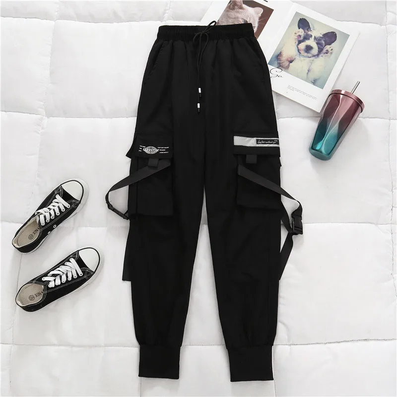 

Women Cargo Streetwear Harajuku Pant Chain Females Two Piece Sets Pants Buckle Ribbon Pocket Jogger Elastic High Waist Pants