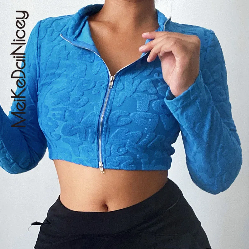 

MeiKeDai Autumn Long Sleeve T-shirt Women's Blue Turn-down Collar Zipper Short Tops Femme Casual Bodycon Print T-shirts Fashion