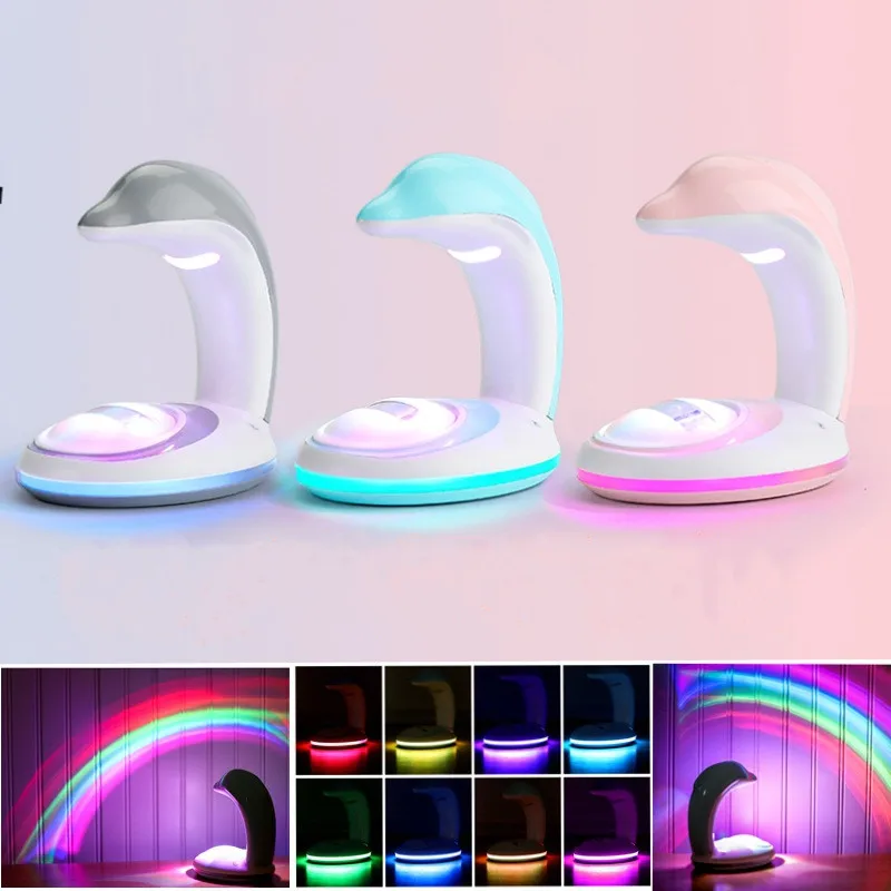 Rechargeable Dual-purpose Dolphin Rainbow Projection Lamp Light Adjustment Home Decoration LED Colorful Atmosphere Lamp Kid Gift