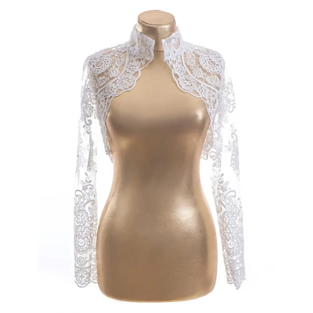 

Romantic Lace High Collar Wedding Bolero Wrap Appliques Custom Made Long Sleeves Bridal Jacket Cape Real Image