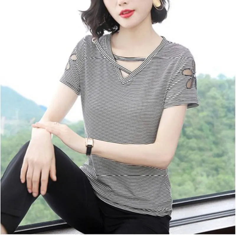 

Fashion Women's Cotton V-neck Solid Color Casual Short Sleeve T-Shirt 2019 gray