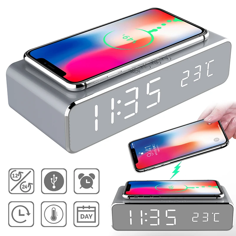 3 IN 1 LED Electric Alarm Clock With Phone Charger Wireless Desktop Digital Thermometer Clock HD Clock Mirror With Time Memory