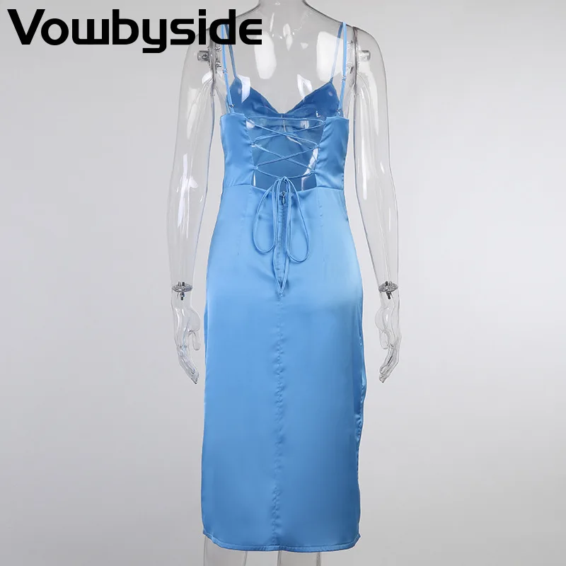 

Women's Summer New Solid Color Spaghetti Strap Sleeveless Open Back Formal Dress Split Ends Mid-calf Long Evening Dress