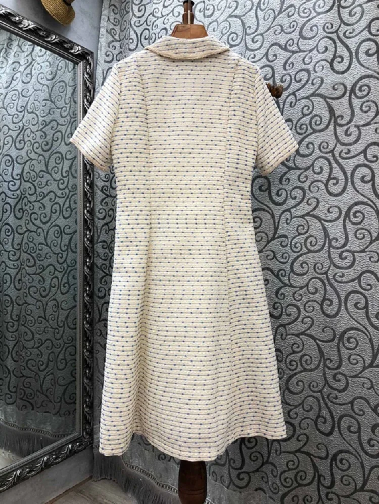

2020 Autumn Winter Fashion Women Turn-down Collar Polka Dot Print Pocket Flap Deco Short Sleeve Mid-Calf Dress Vintage