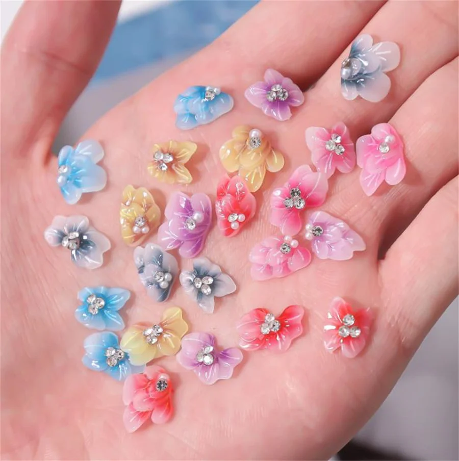

10Pcs/Lot 3D Acryclic Flower With Big Rhinestone Accessory Nail Jewelry Embossed Petal Nail Charms Manicure DIY Nail Decor