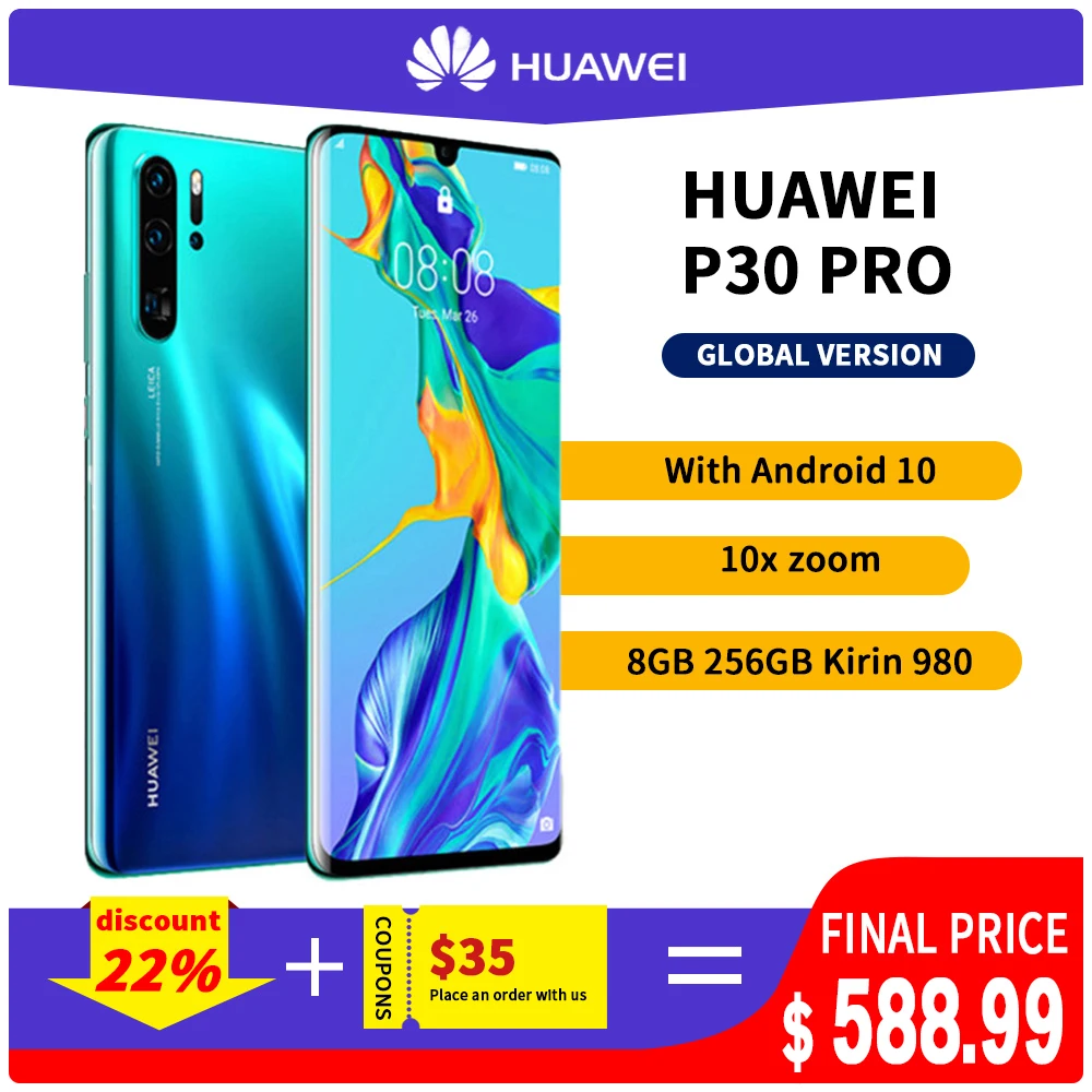 Смартфон Huawei P30 Pro глобальная версия 8 Гб 256 ГБ 40 мегапиксельная четырехъядерная