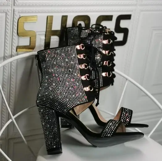 Harga Linamong BLING BLING Hitam Sliver Diamond Kristal Cross Renda Sandal Sepatu Wanita Fashion Membuka Kaki Chunky Heels Sepatu Bot Pendek