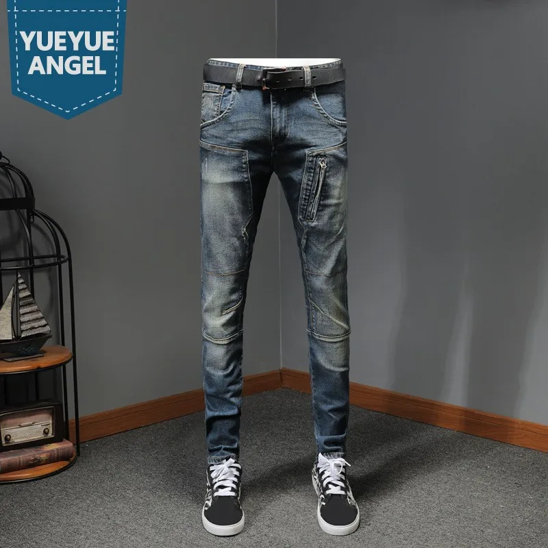 

Mens Clothes Vintage Slim Fit Denim Pants Biker Zipper Straight Pencil Jeans Male Casual Fashion Splice Distressed Jean Trousers