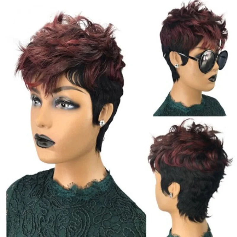 

Ladies Short Omber Wine Black Wavy Wig Synthetic Wig With Bangs For Women Daily Party Use Heat Resistant Fiber Wig