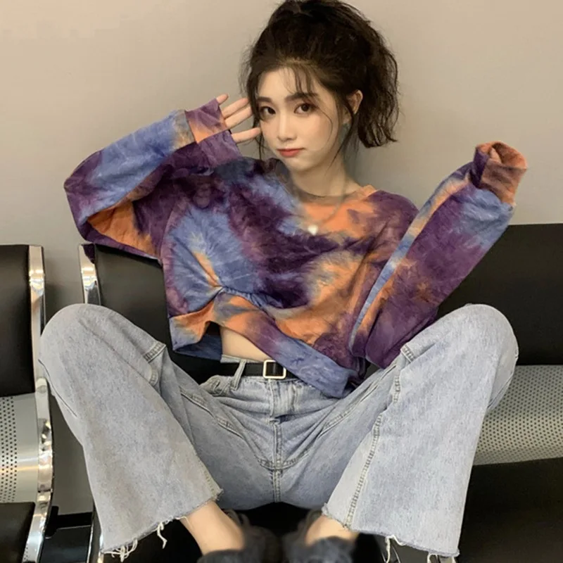 

Design Sense Niche Tie-Dye Round Neck Thin Short Ladies Long-Sleeved Sweatshirts Korean Style Loose Wild Ladies Casual Tops