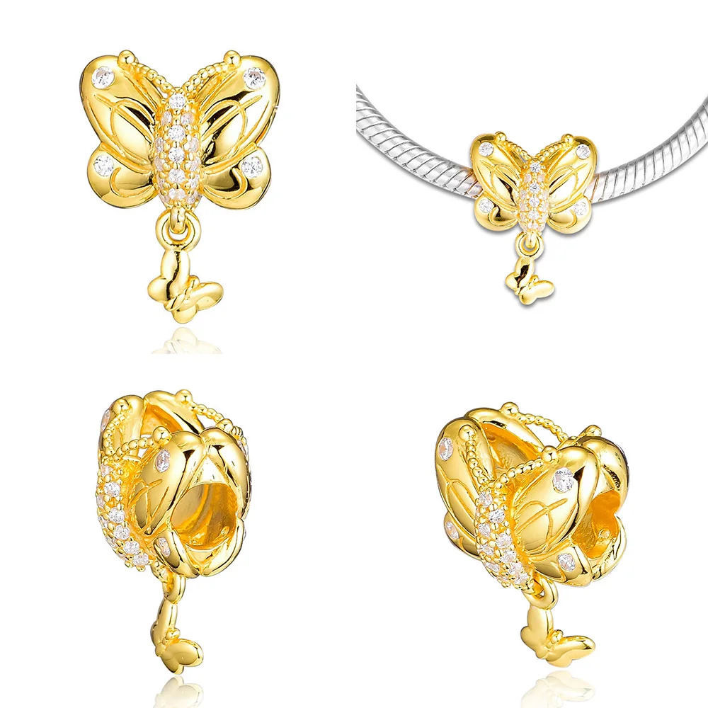 

Golden charms Butterfly Pendant Silver 925 trinket Charm Beads for Women Original Sterling Bracelets Bangle Necklace Jewelry DIY