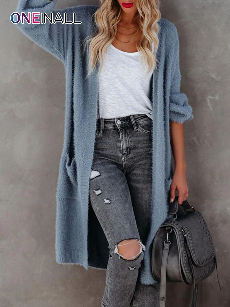 

ONEINALL Casual Solid Coat For Women Round Neck Long Sleeve Minimalist Straight Autumn Fashion Winter Coat 2021 Clothing New