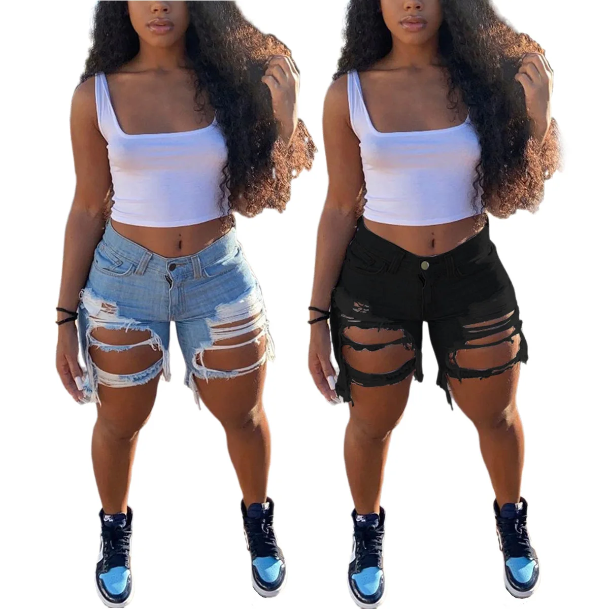 

European and American women's fashion all-match slim-fit mother denim shorts with holes