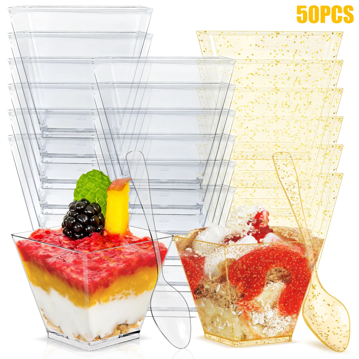 

50pcs 60ml Disposable Plastic Cups Clear Portion Transparent Trapezoidal Food Container for Jelly Yogurt Mousses Dessert Baking