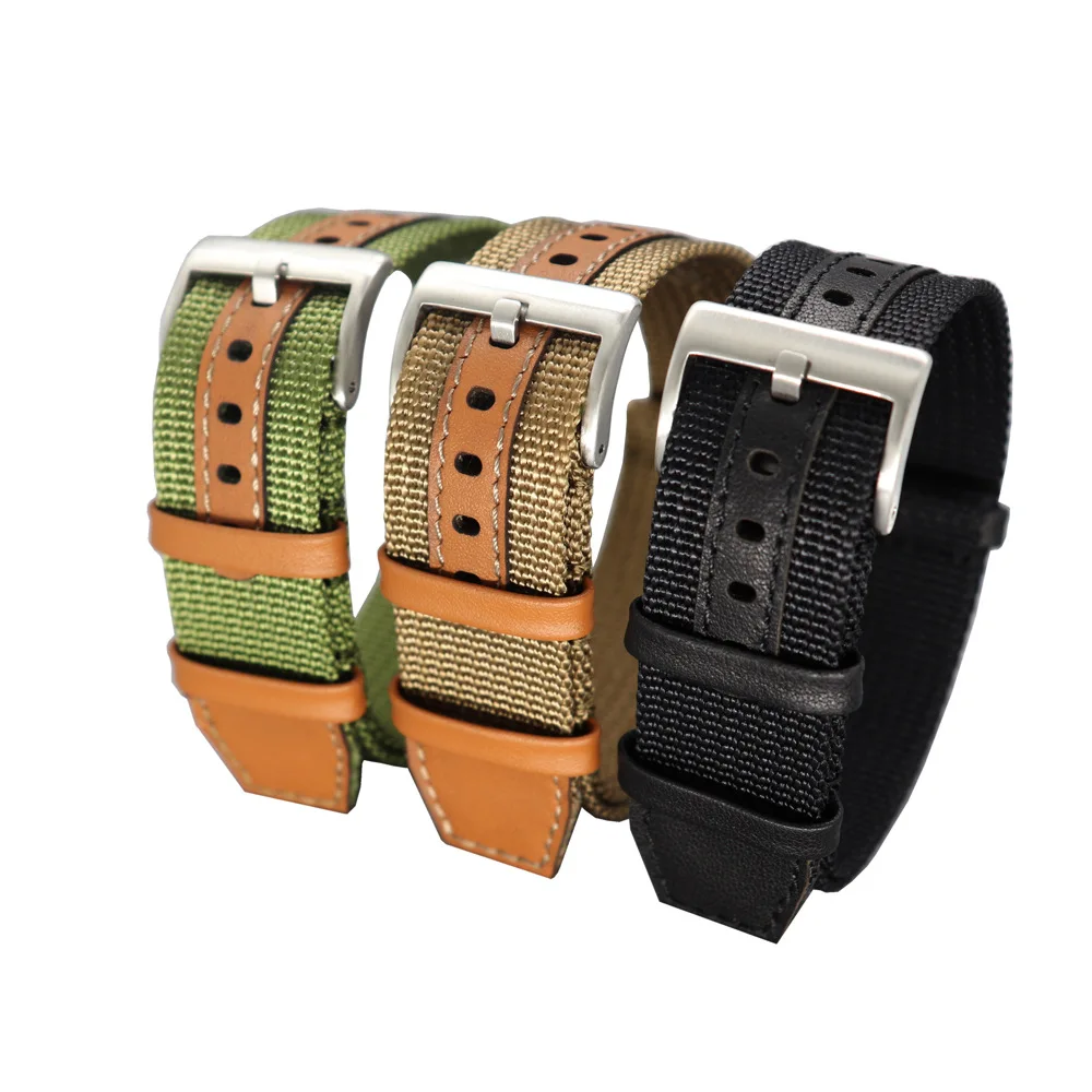 NATO nylon +genuiine leather watch strap replacemetn for Hamilton vintage watch black Khaki  20 22MM strap