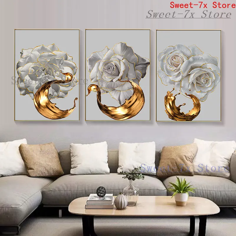 

Rose Flower Golden Ink Silk Abstract Canvas Painting Art Nordic Posters and Prints Wall Pictures for Living Room Decor Frameless