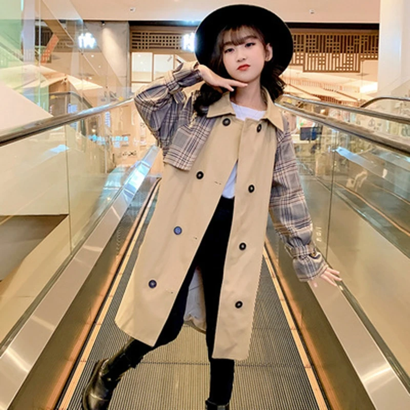 

Пальто для девочек-подростков, длинное клетчатое двубортное пальто цвета хаки с поясом, в стиле пэчворк, осень 2021